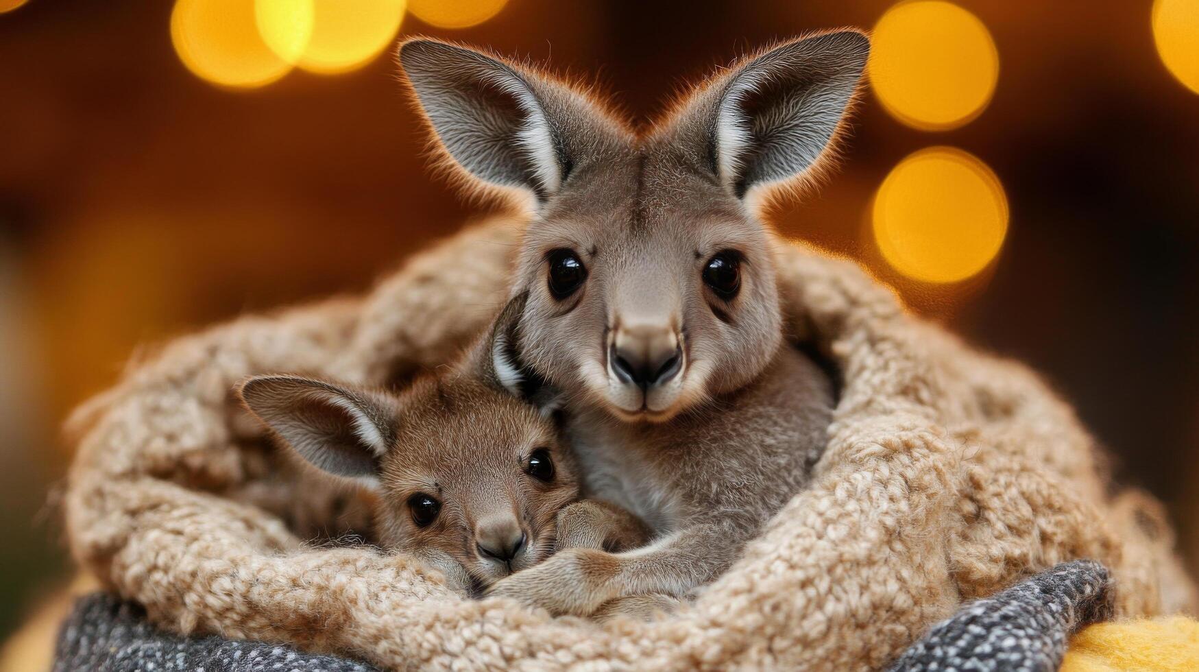 Kangaroo joey resting comfortably in soft bedding during a peaceful moment photo