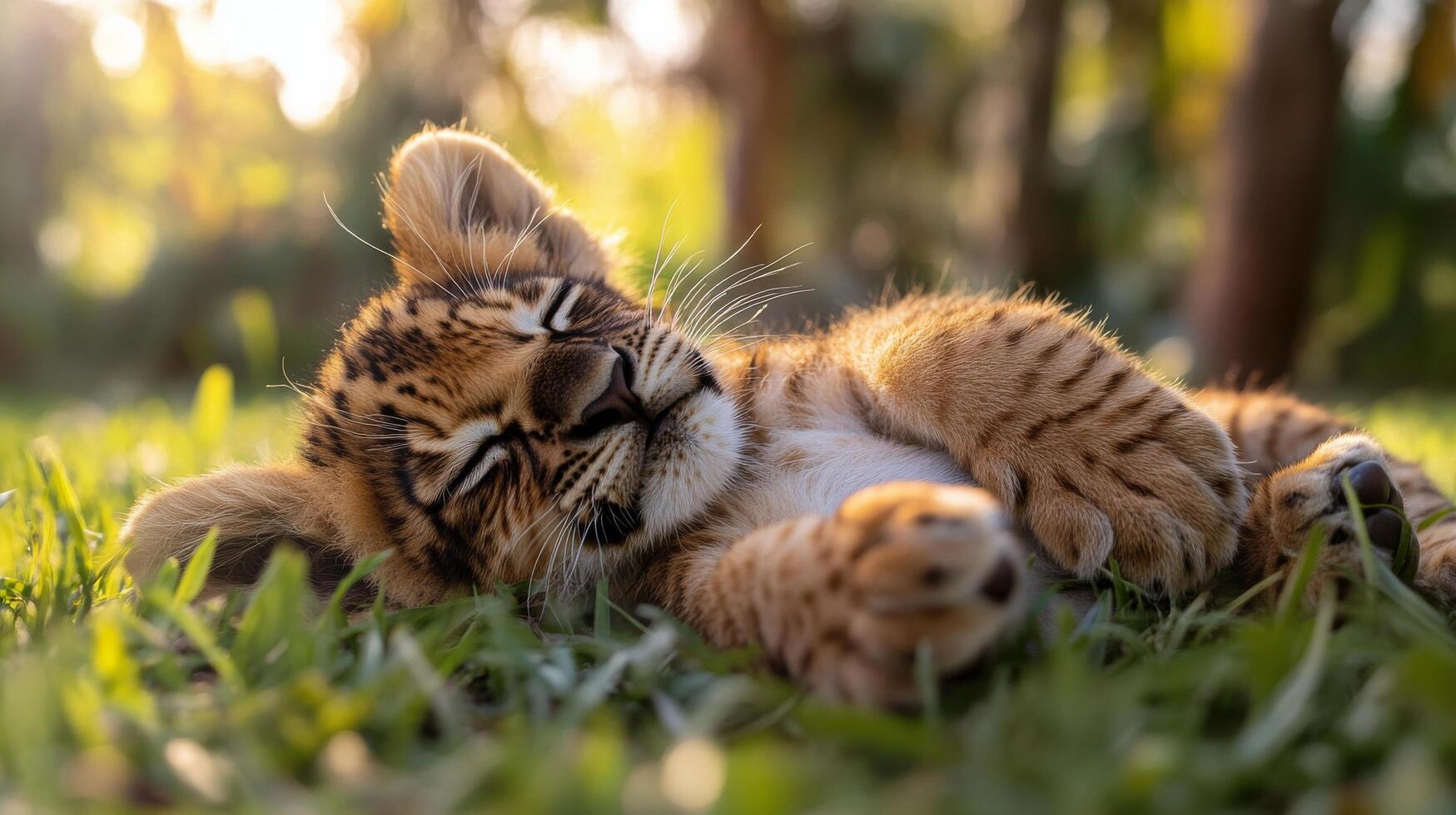 Lion cub sleeping peacefully in the grass at a wildlife reserve during the afternoon photo