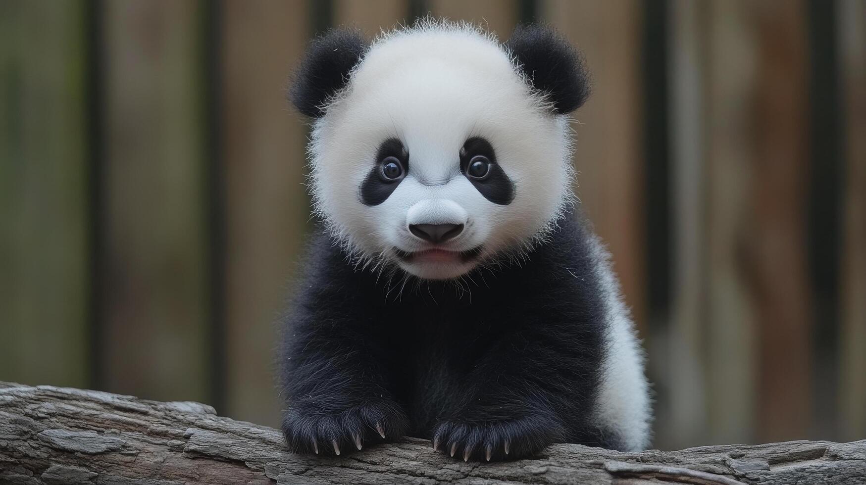 Cute panda cub sitting on a tree branch in a natural habitat during daytime photo