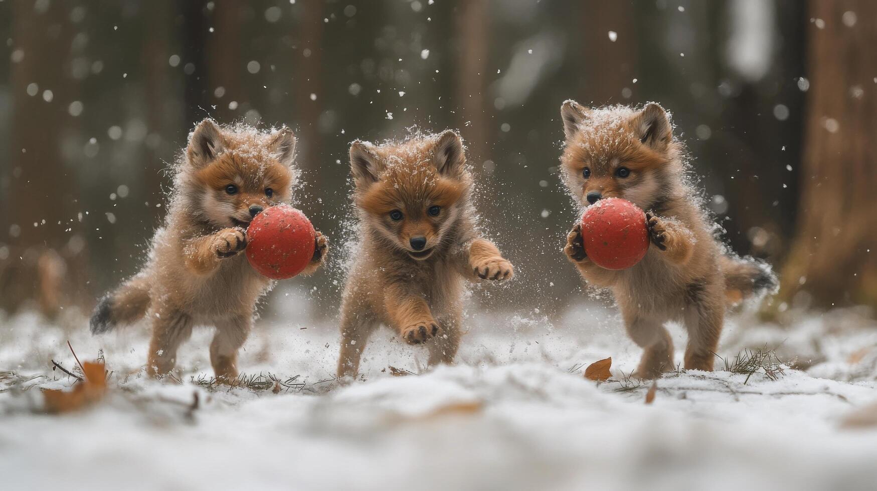 Playful fox pups joyfully chase red balls in a snowy forest setting during winter photo