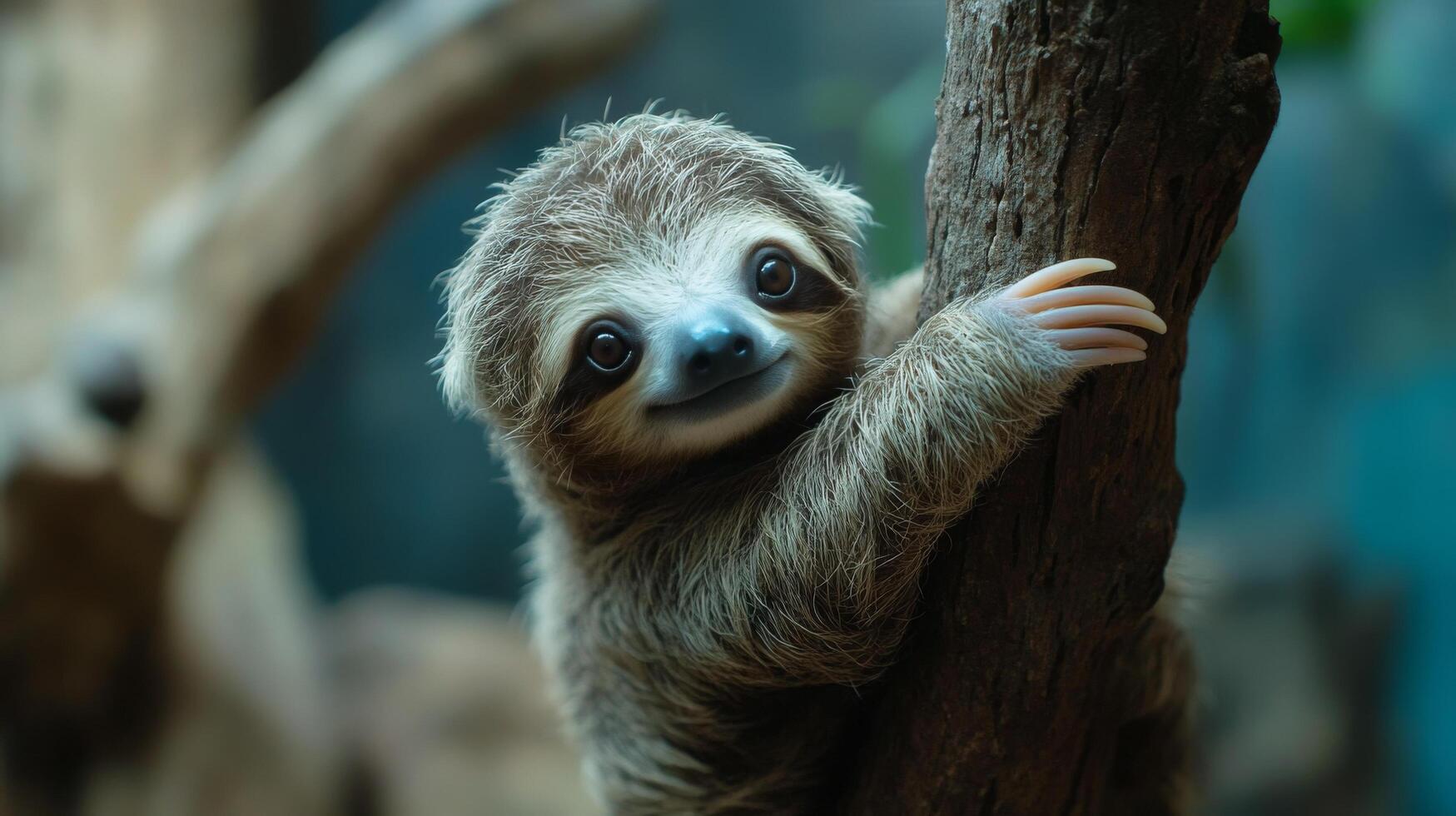 Sloth resting on a tree branch in lush rainforest setting during daylight hours photo