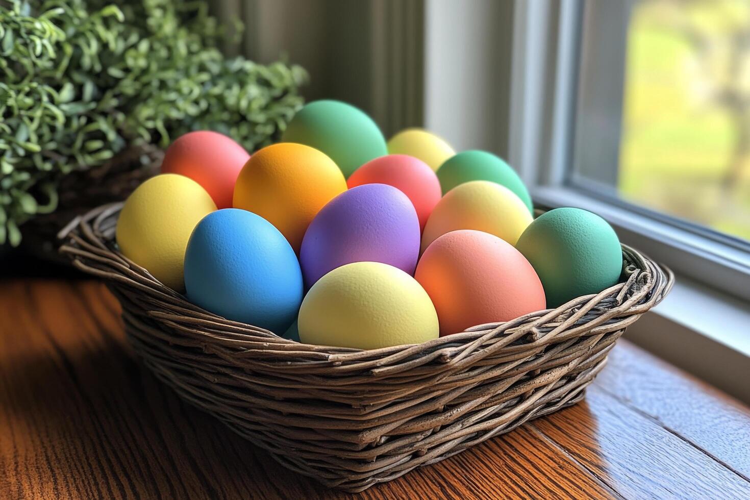 Colorful Easter eggs in a woven basket arranged on a wooden surface during spring celebration photo