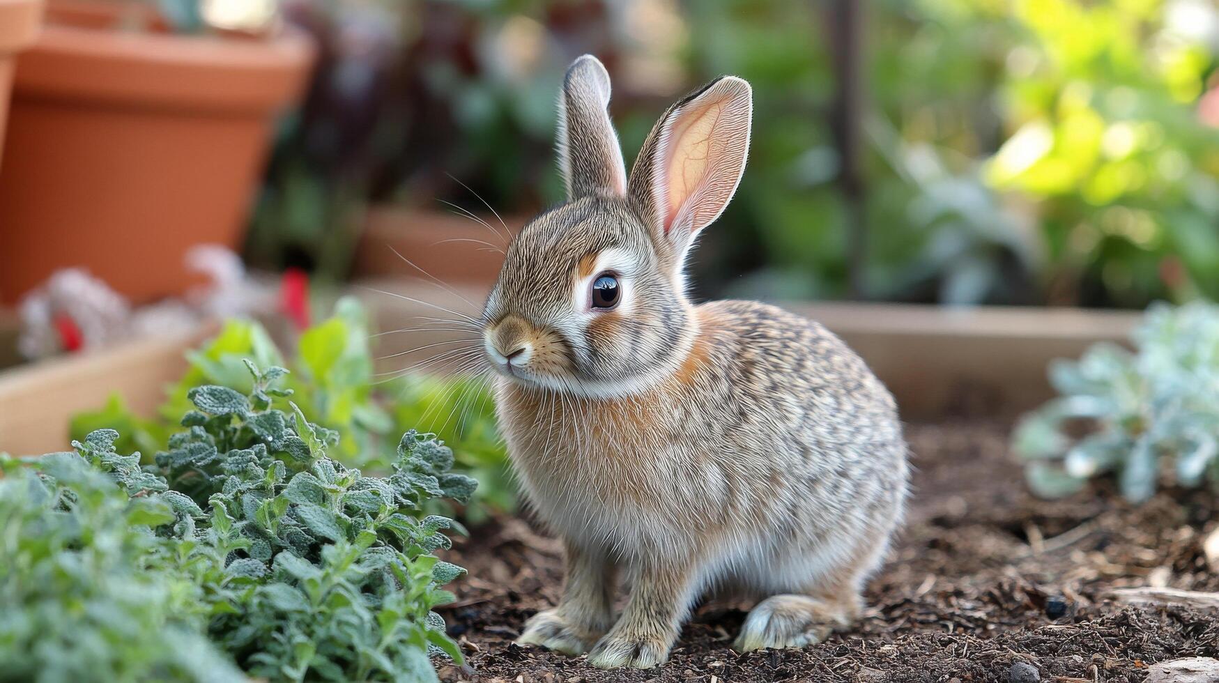 Cute rabbit resting on soft pink pom-poms in a cozy setting during daylight photo