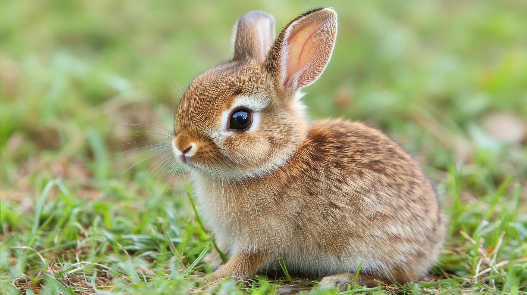 Cute white rabbit sitting on green grass in a sunny garden during springtime photo