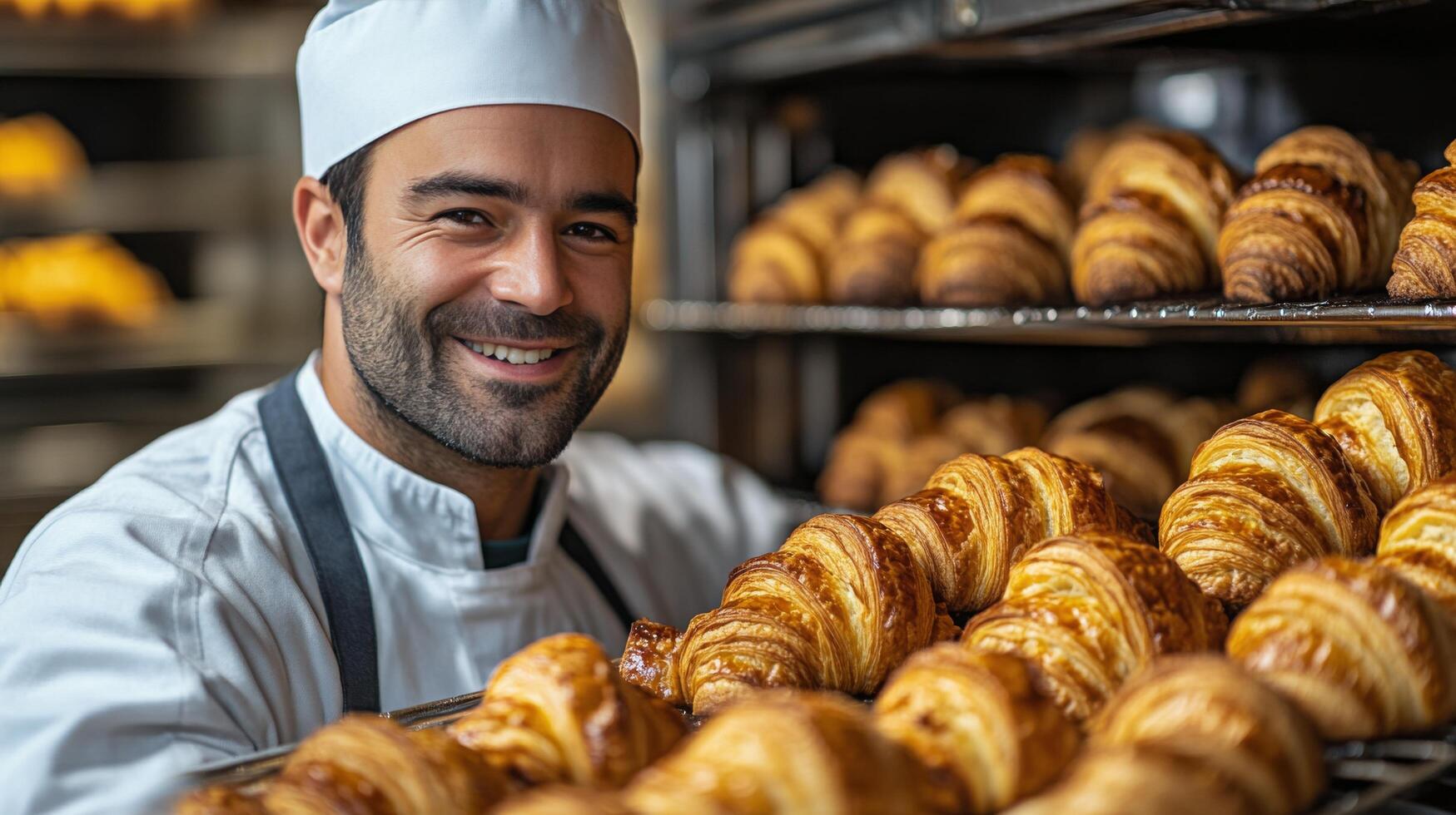 Freshly baked croissants being taken out of the oven in a cozy bakery photo