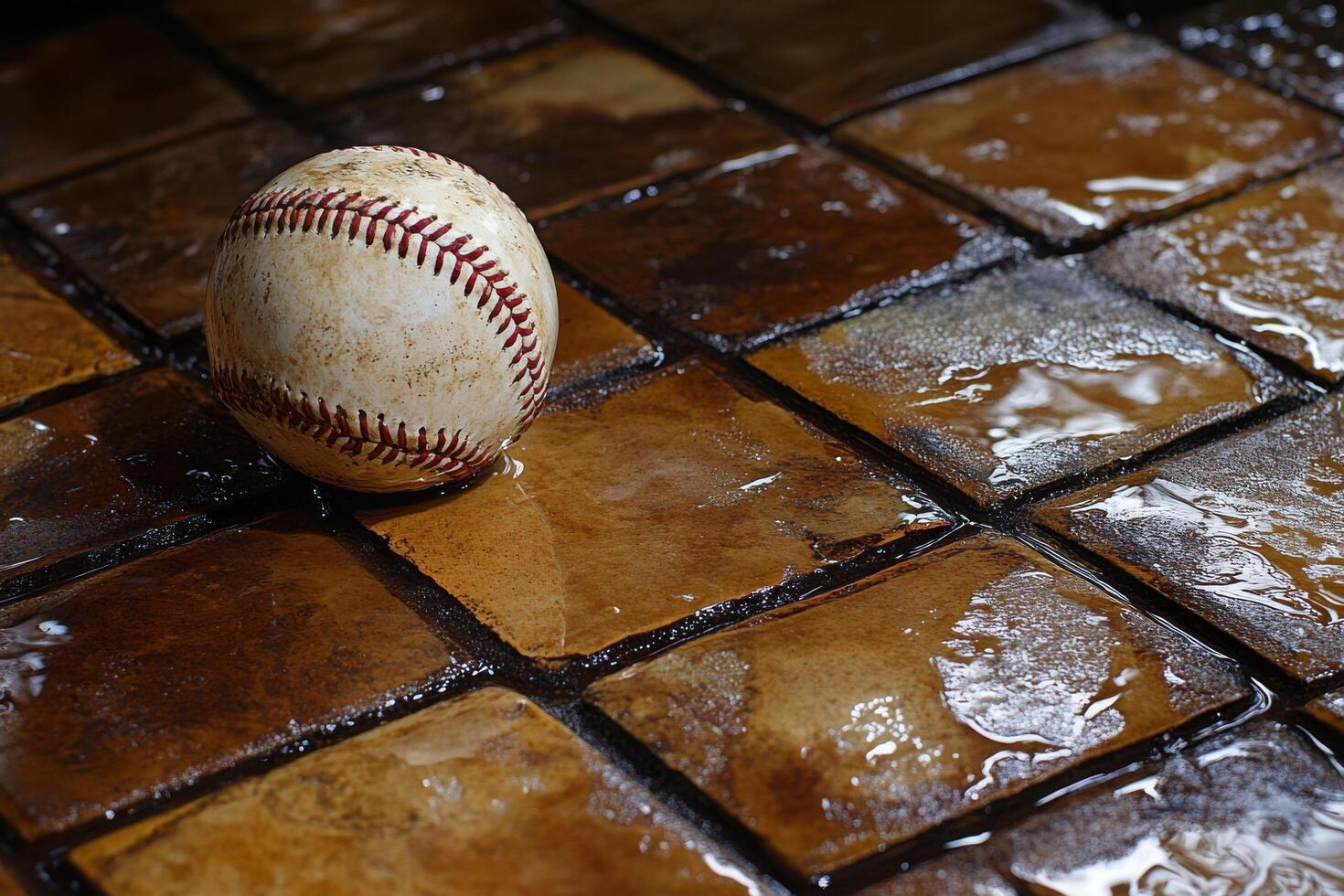 Baseball resting in puddle after rain at outdoor field during late afternoon photo