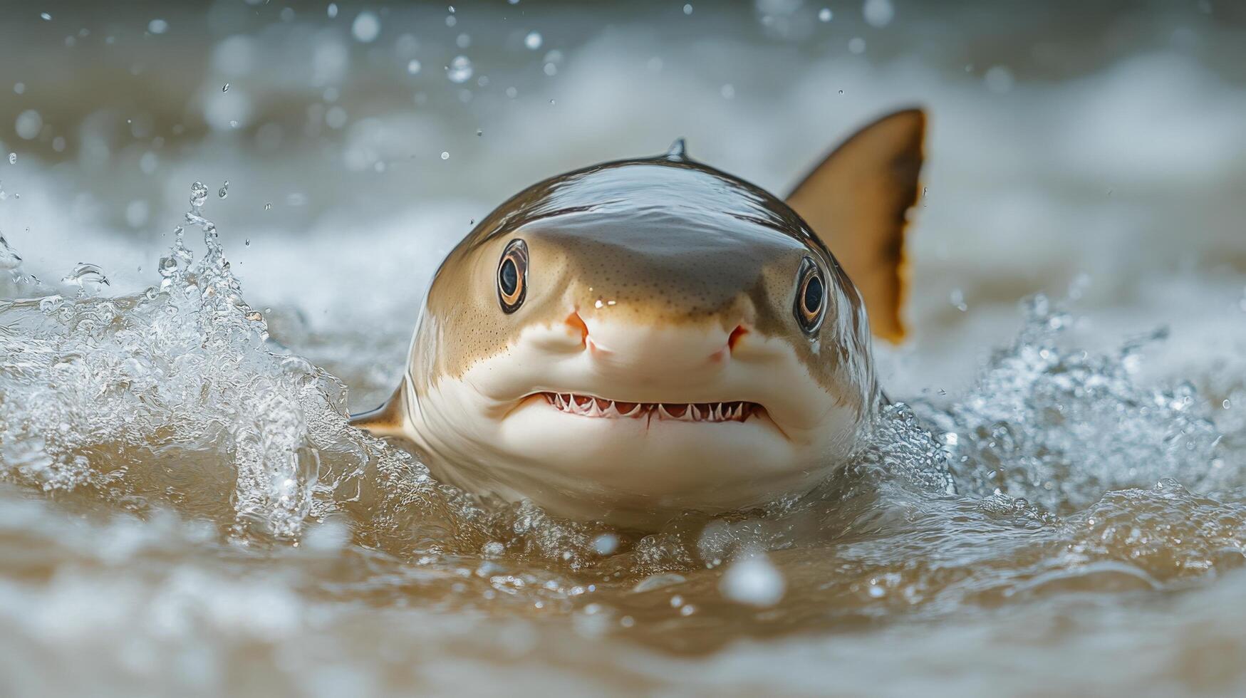 Shark swimming through shallow water with splashes at dawn in coastal area photo
