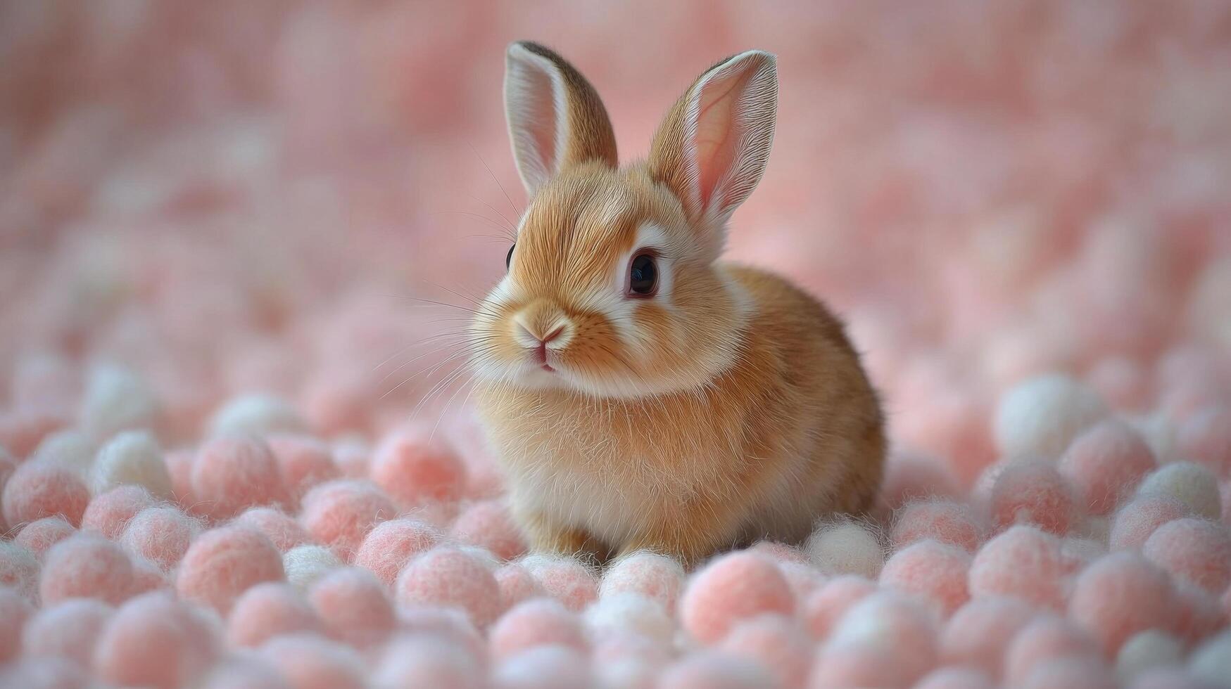 Cute rabbit resting on soft pink pom-poms in a cozy setting during daylight photo