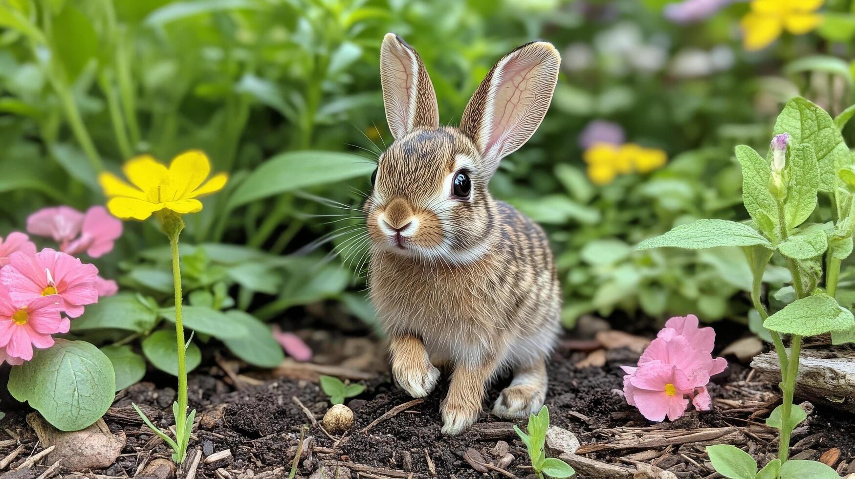 Cute rabbit resting on soft pink pom-poms in a cozy setting during daylight photo
