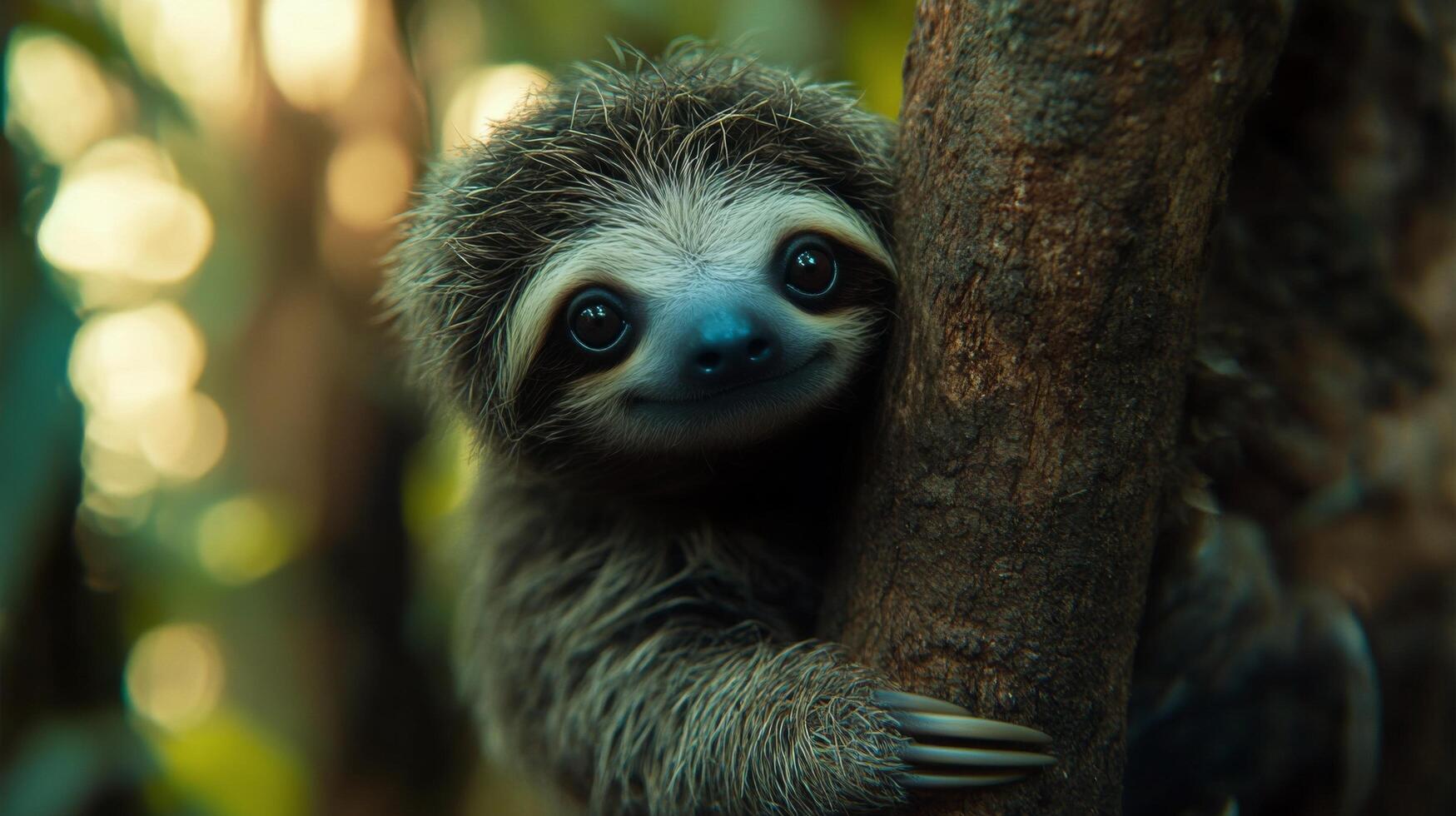 Sloth resting on a tree branch in lush rainforest setting during daylight hours photo