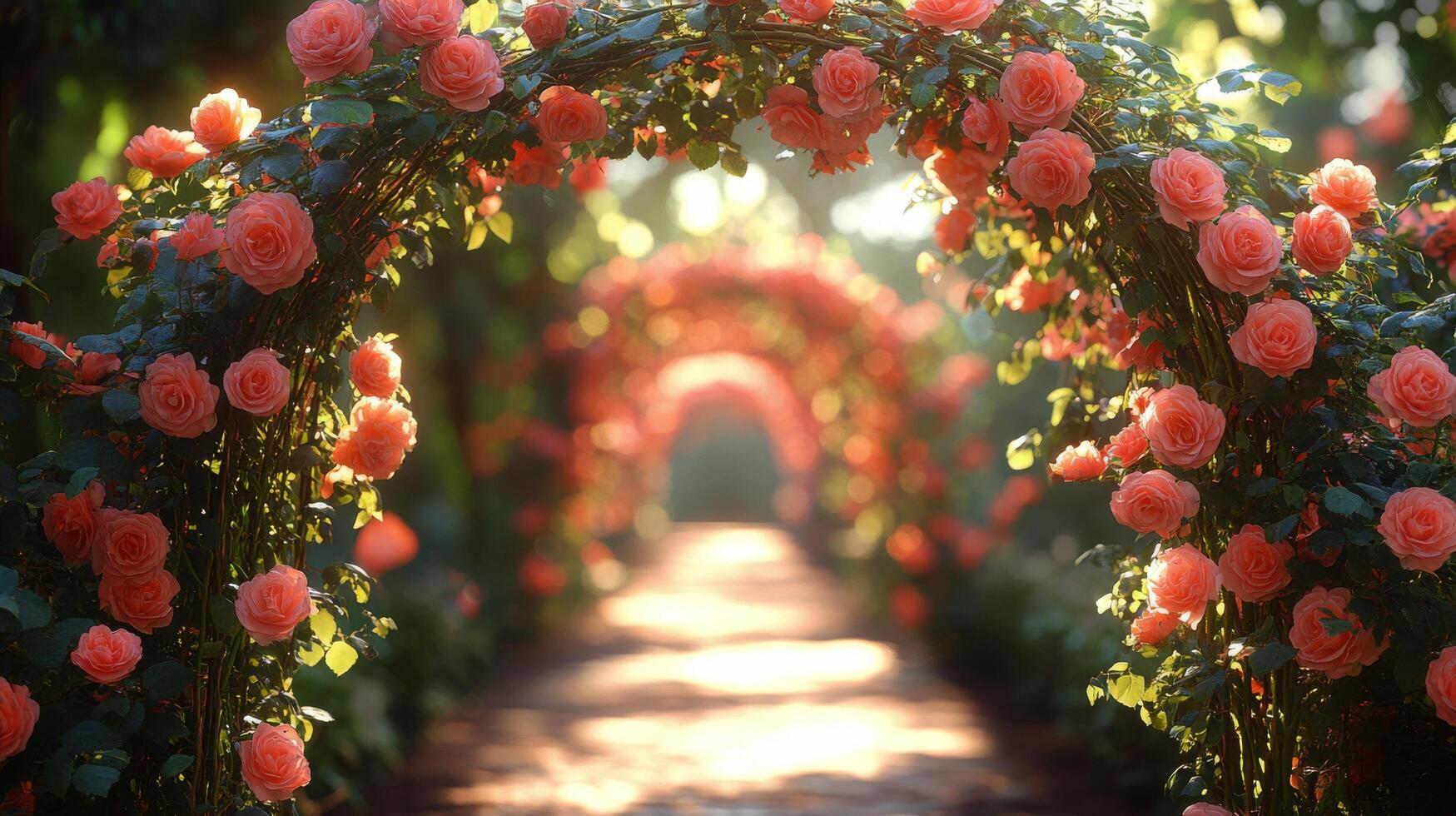 Beautiful rose garden pathway with vibrant blooms during golden hour photo