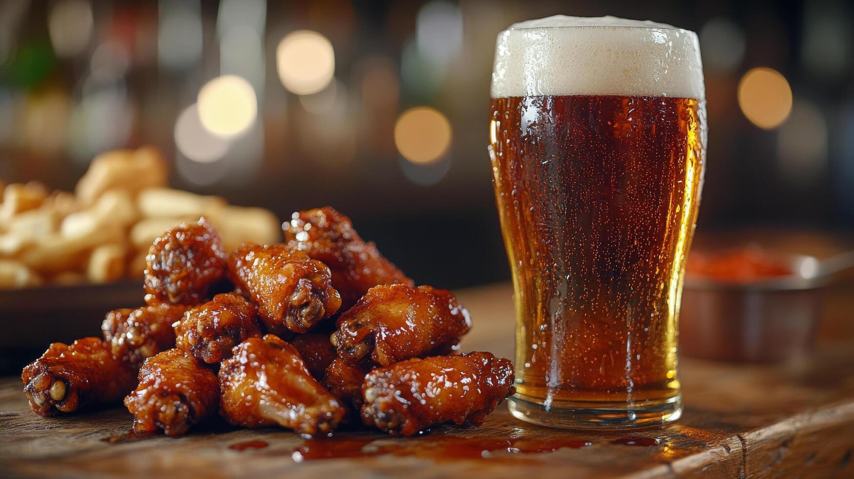 Enjoying craft beer with delicious chicken wings at a cozy pub in the evening photo
