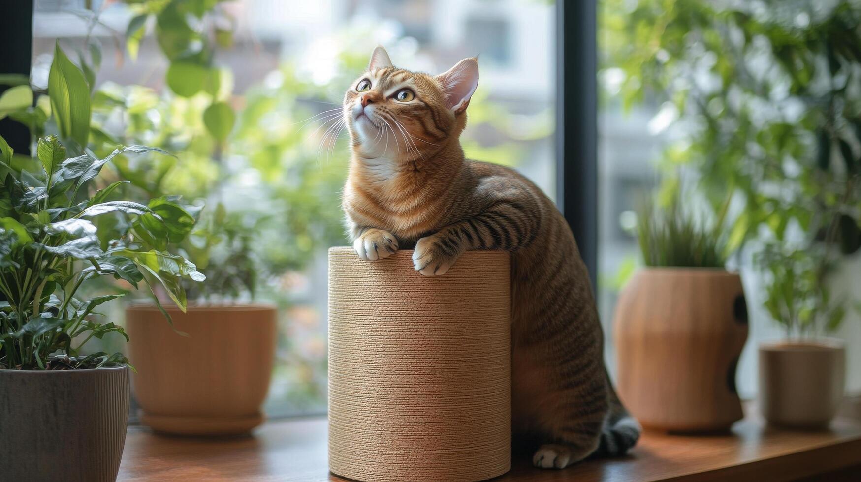 Cat relaxing on a gray couch with sunlight filtering through plants in a cozy room photo