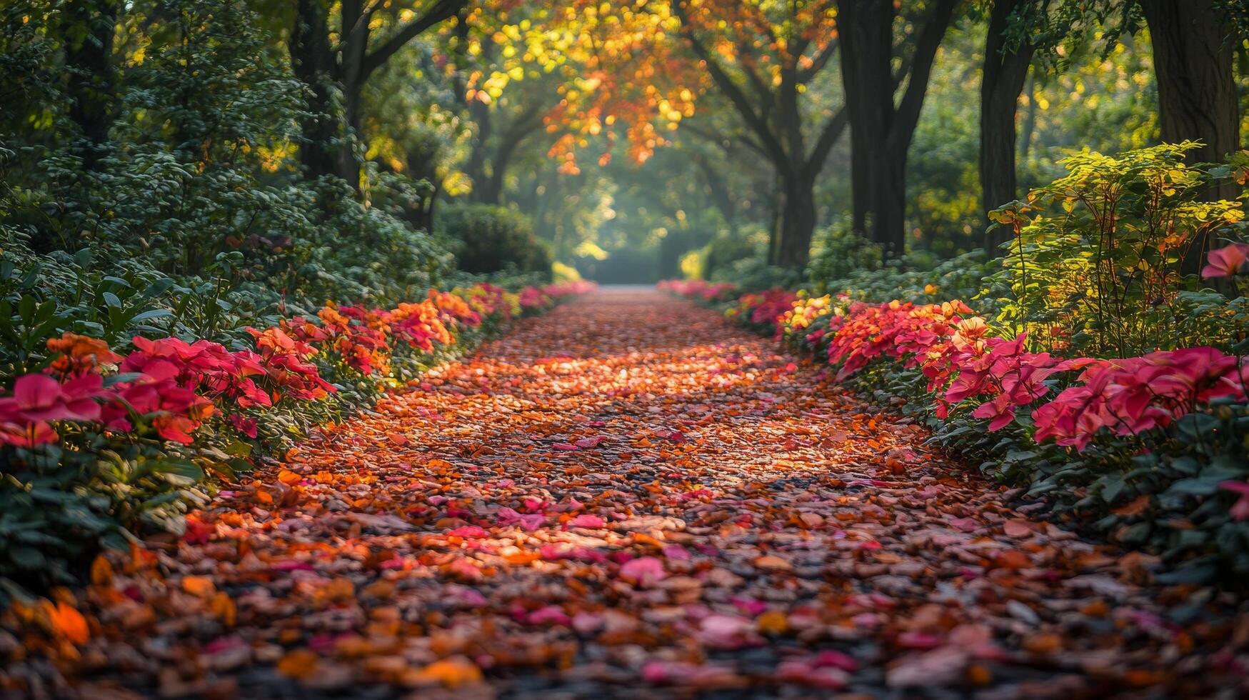 Vibrant autumn path lined with colorful flowers and fallen leaves in a serene garden setting photo