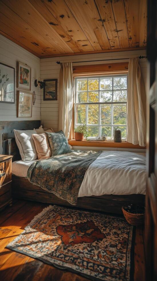 Cozy bedroom with wooden architecture and natural light in a cabin setting during autumn photo