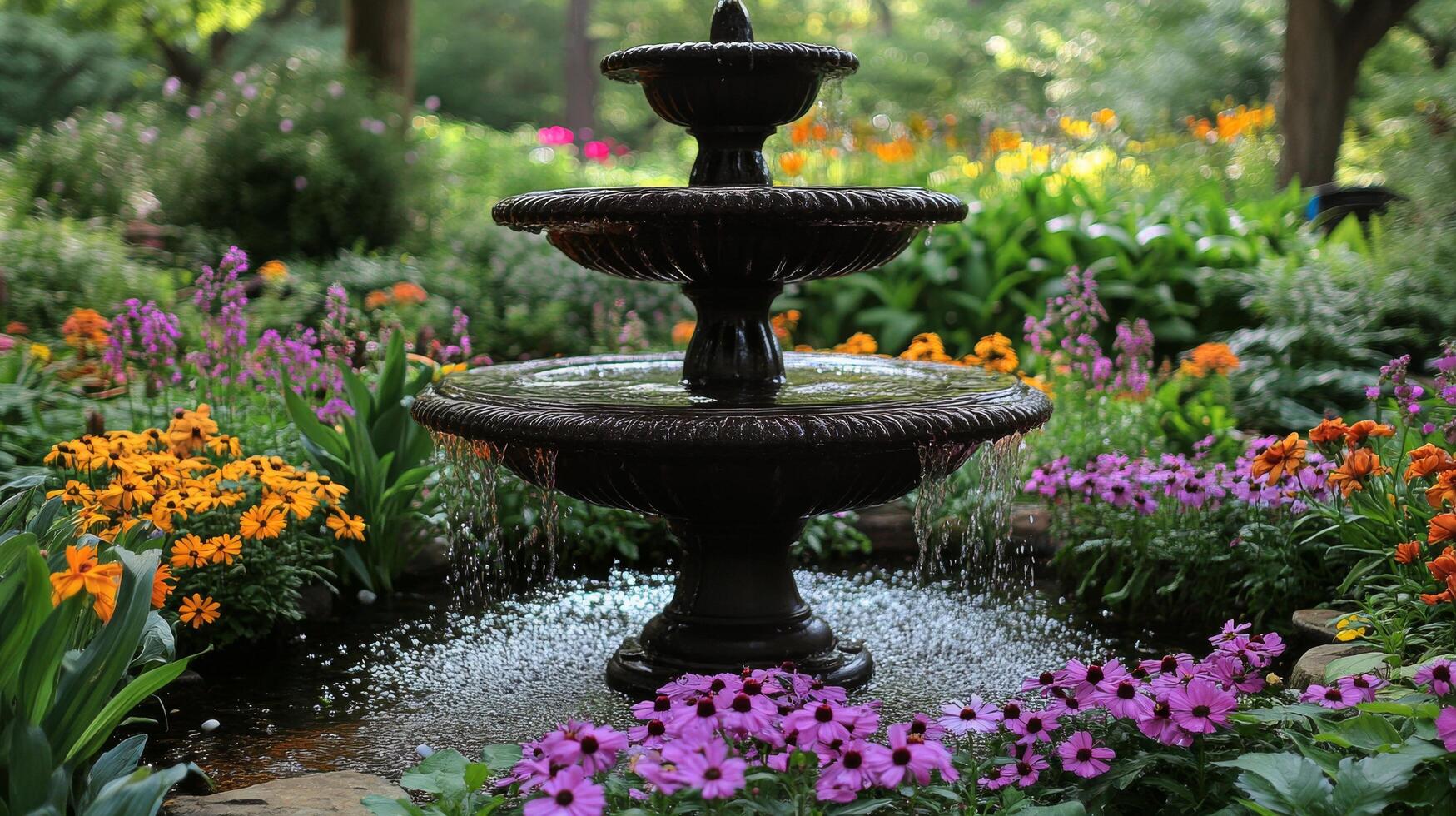 Serene garden fountain surrounded by vibrant flowers in autumn colors photo