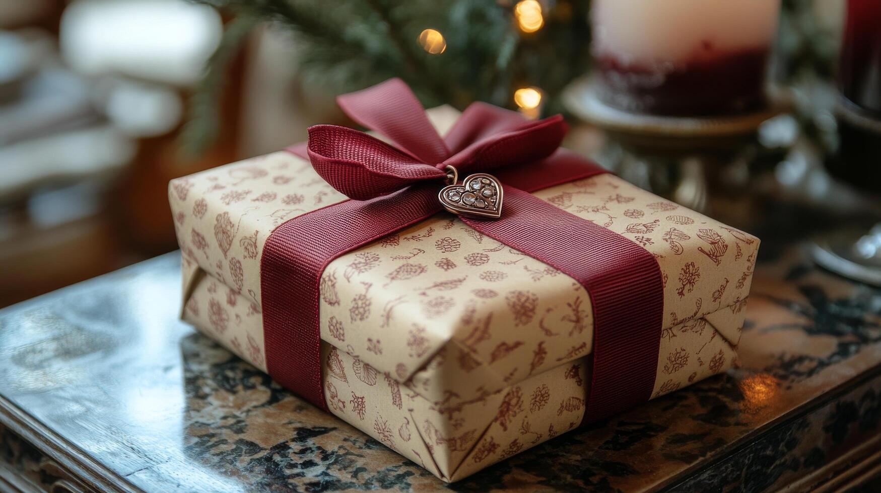 Beautifully wrapped gift with floral decoration on elegant surface photo