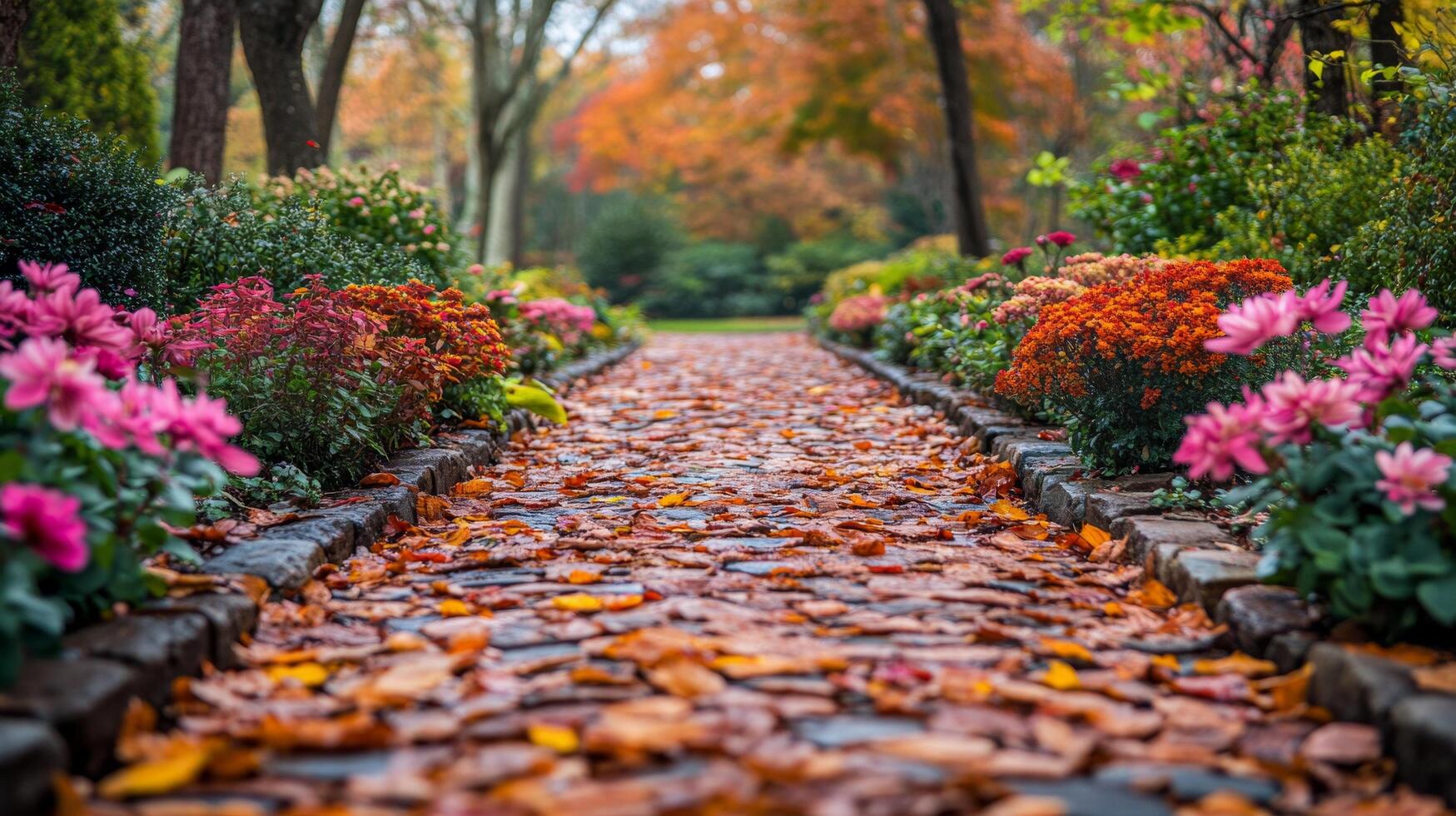 Vibrant autumn path lined with colorful flowers and fallen leaves in a serene garden setting photo