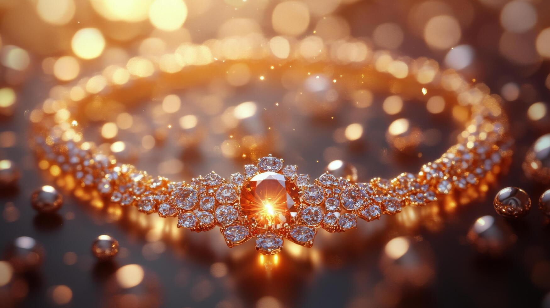 Elegant jewelry piece displayed on a decorative plate alongside a delicate rose at sunset photo