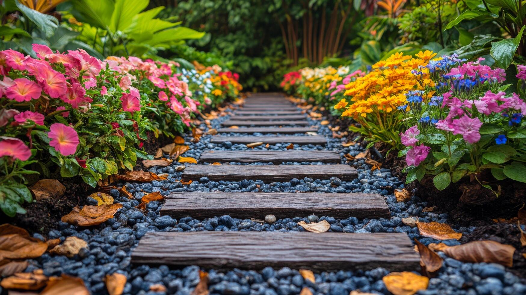 Vibrant autumn path lined with colorful flowers and fallen leaves in a serene garden setting photo