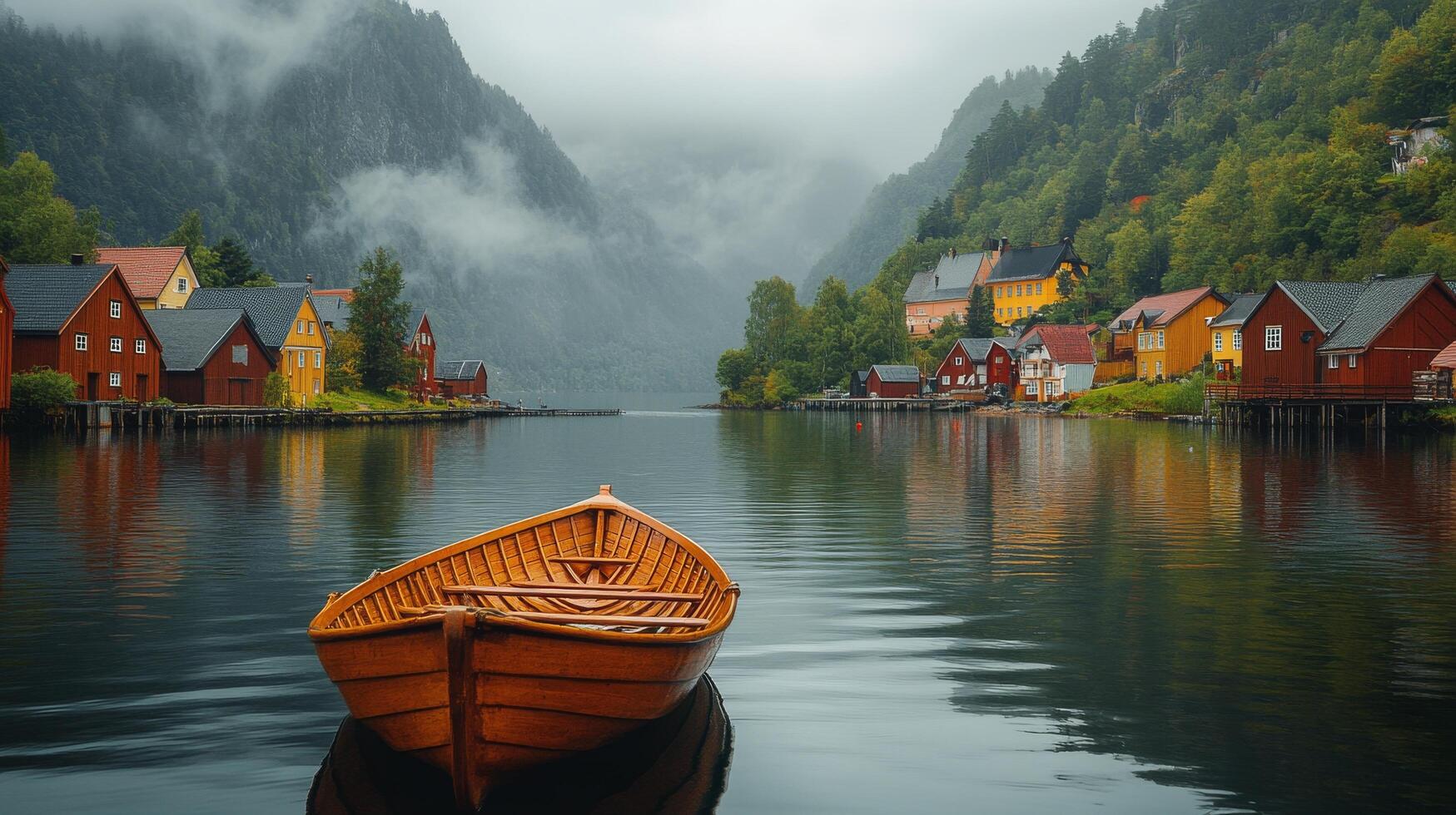 Colorful wooden houses line the river in a tranquil village during early morning light photo