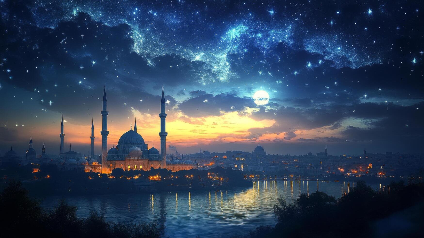 Majestic mosque illuminated at night under a full moon reflecting in water photo