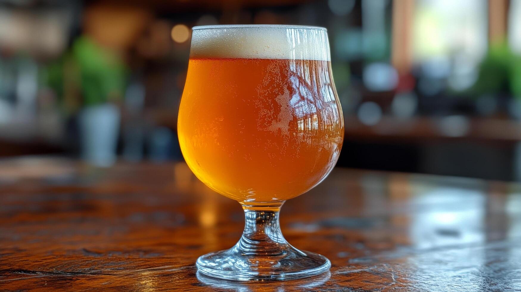 Refreshing amber beverage in a chilled glass with foam on top photo