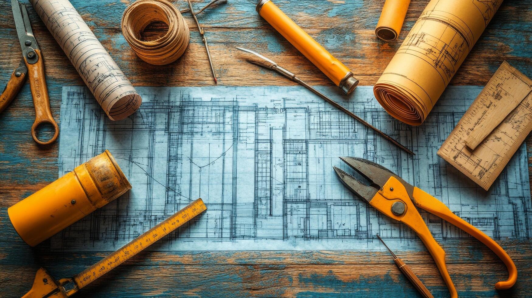 Detailed architectural blueprints with drafting tools on a wooden table photo