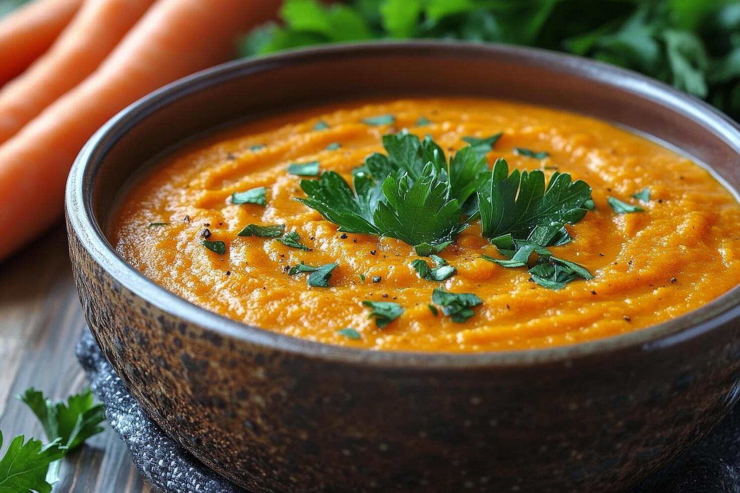 Freshly made creamy vegetable soup garnished with herbs in a rustic bowl on a kitchen countertop photo