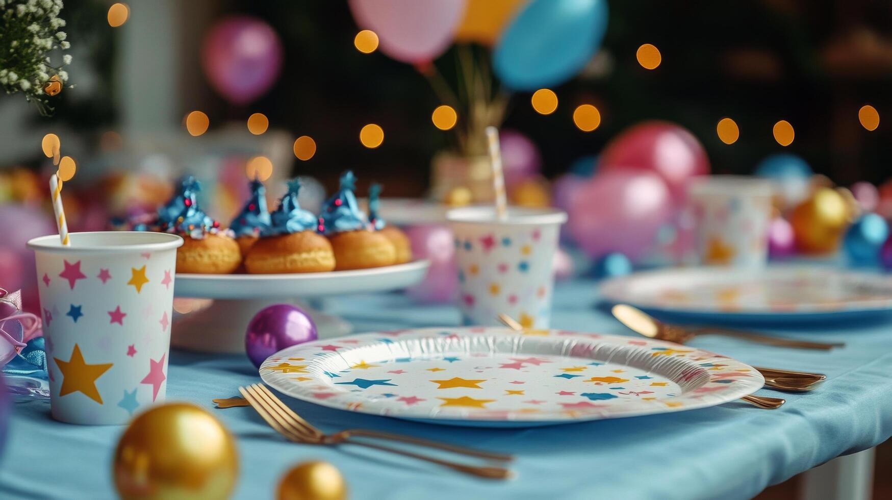 Celebration table setting with cake, party cups, and decorative plates during an evening gathering photo