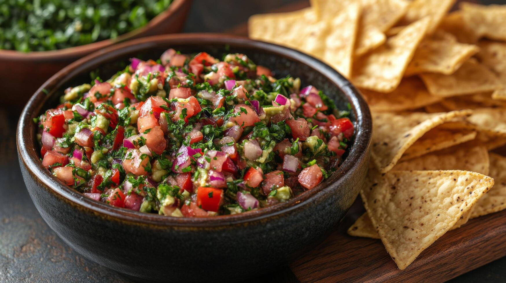 Fresh salsa and crispy tortilla chips served on a wooden table with herbs and spices in background photo