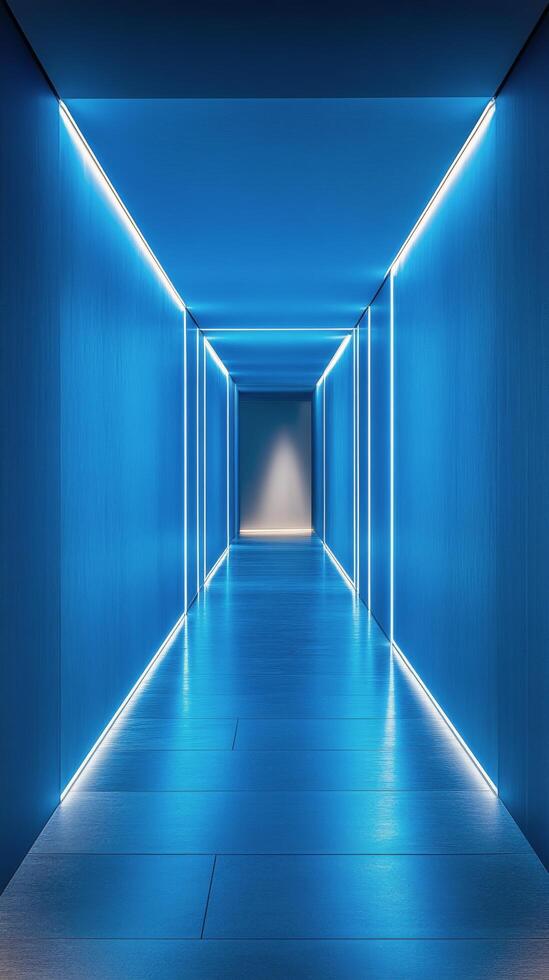 Modern corridor illuminated with blue neon lights at a contemporary building photo