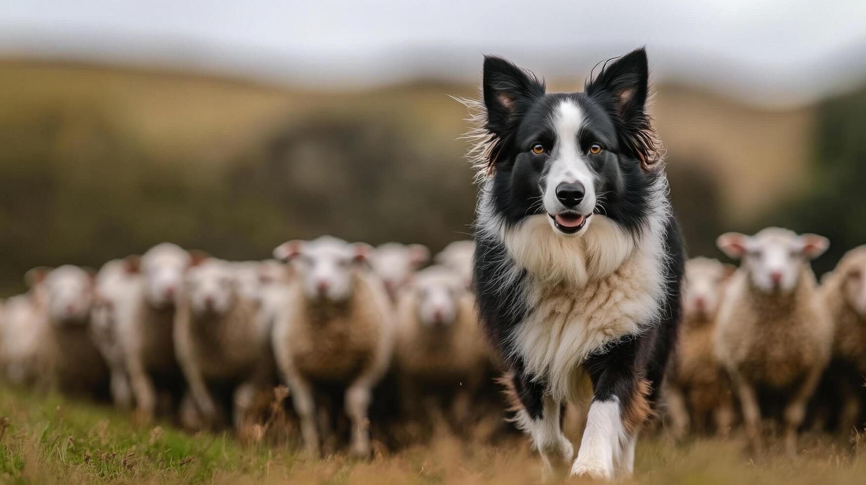 Herding sheep in the mountains with a border collie under cloudy skies photo