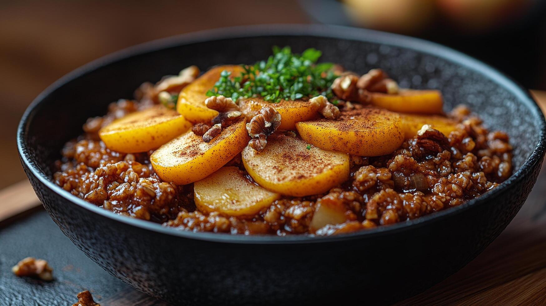Warm dessert with sauted apples, walnuts, and spices prepared in a rustic kitchen setting photo
