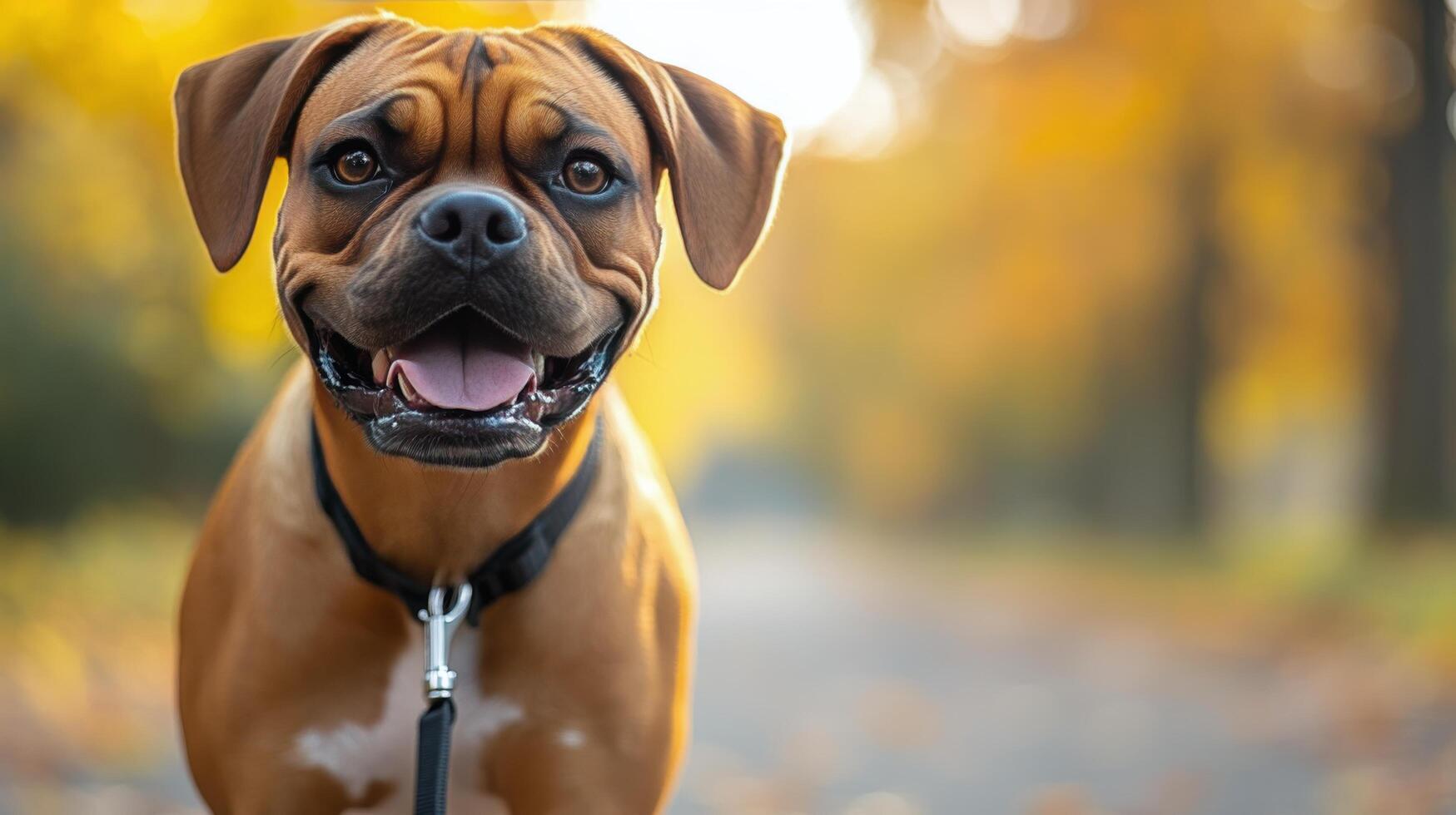 Happy dog enjoying a walk on a sunny day with owner in a urban setting photo