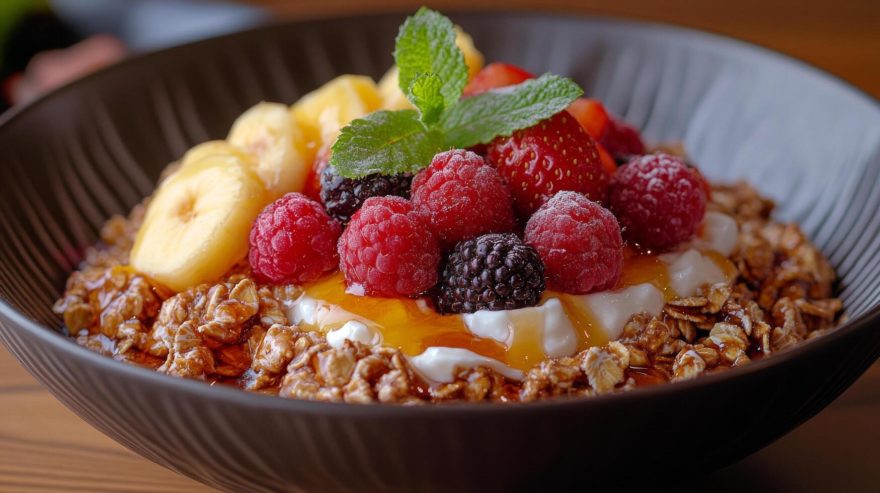 Delicious bowl of yogurt topped with fresh raspberries and blackberries in a cozy cafe photo
