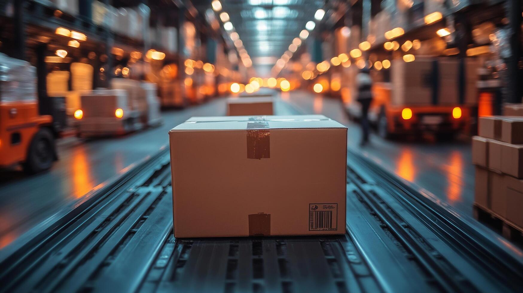 Delivery packages arranged in a truck with warm lights on a chilly evening in a city photo