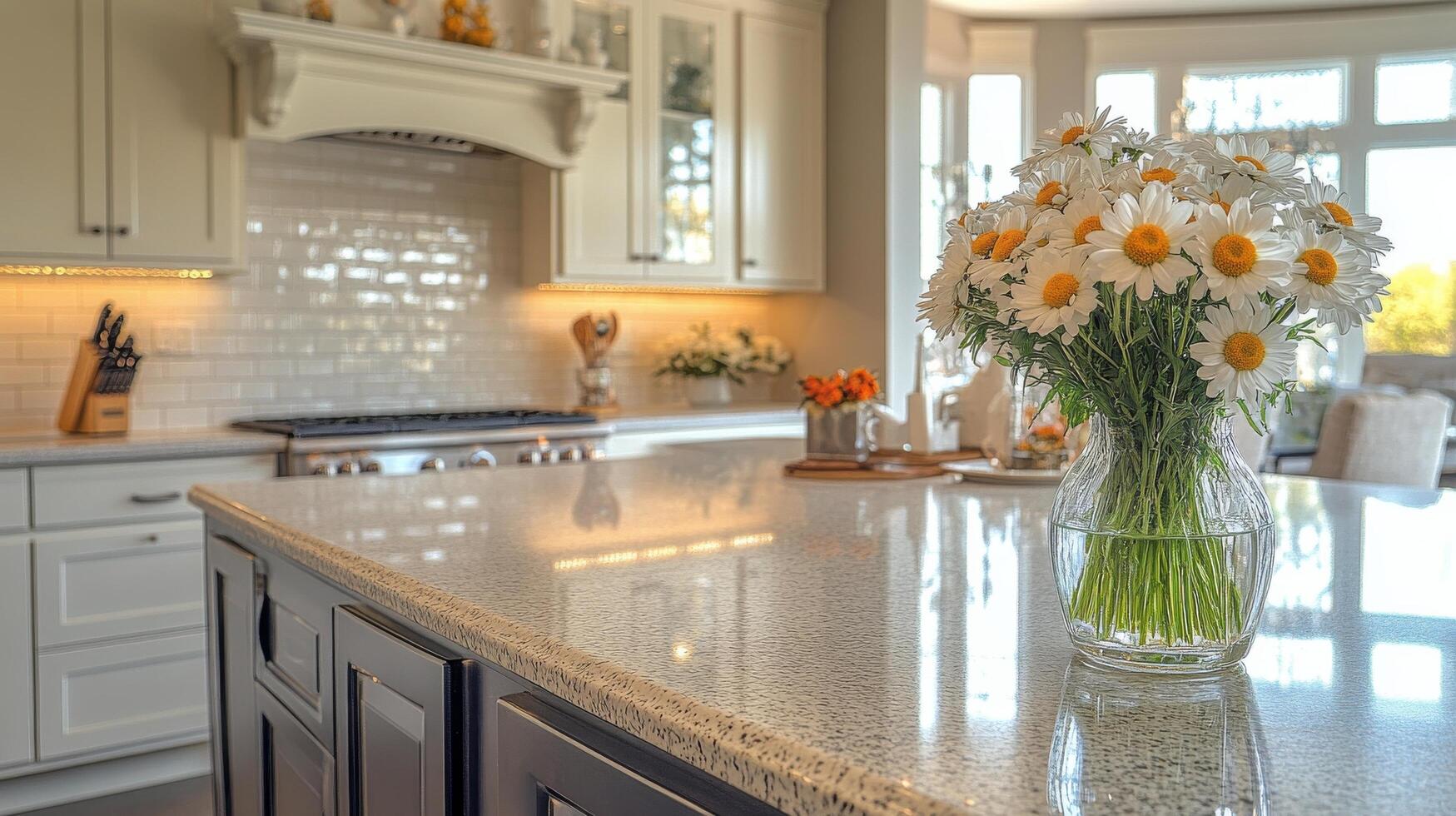 Bright kitchen with daisies in a vase and afternoon sunlight streaming through the window photo