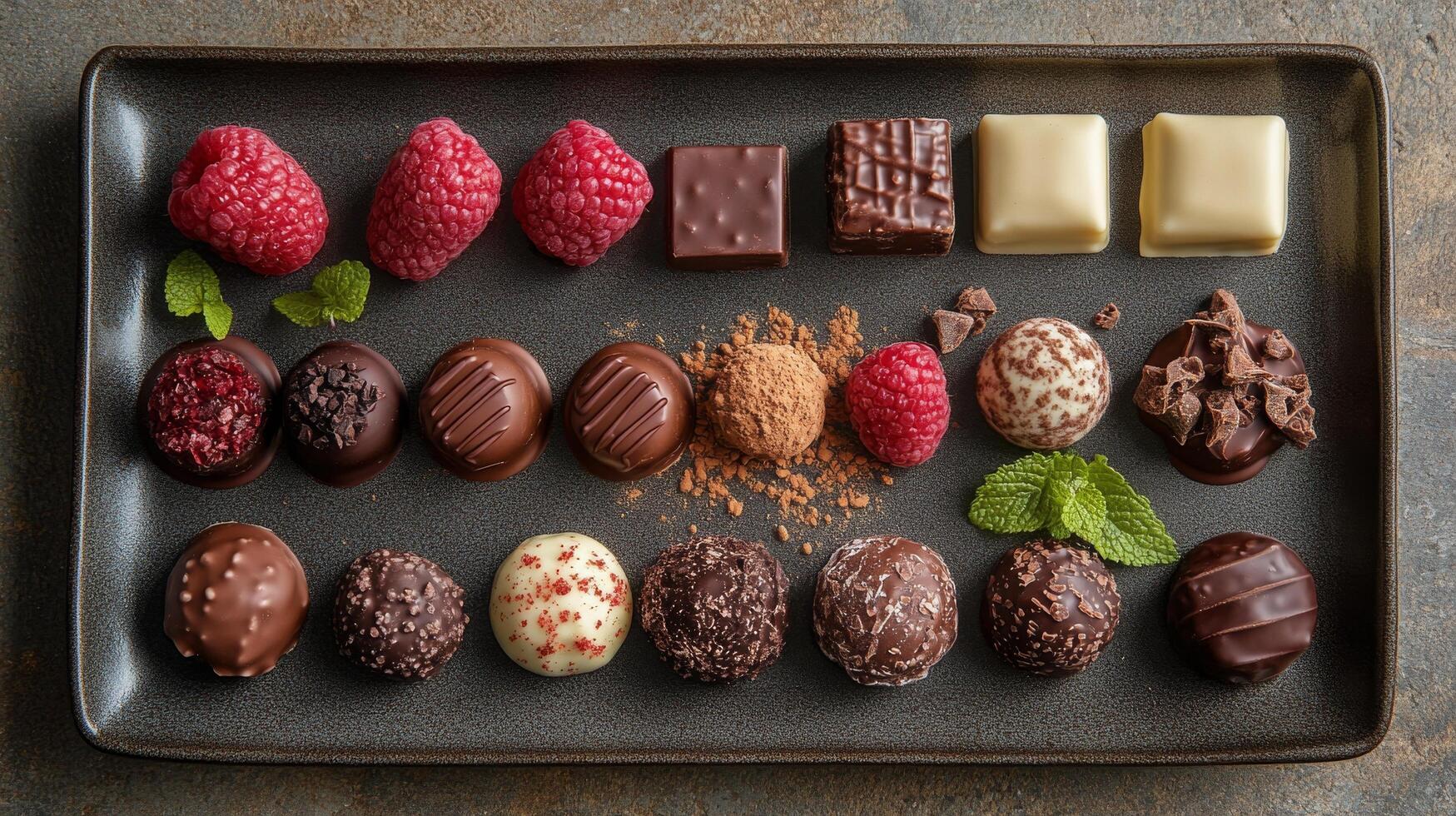 Assortment of artisanal chocolates arranged on a wooden surface with decorative toppings photo