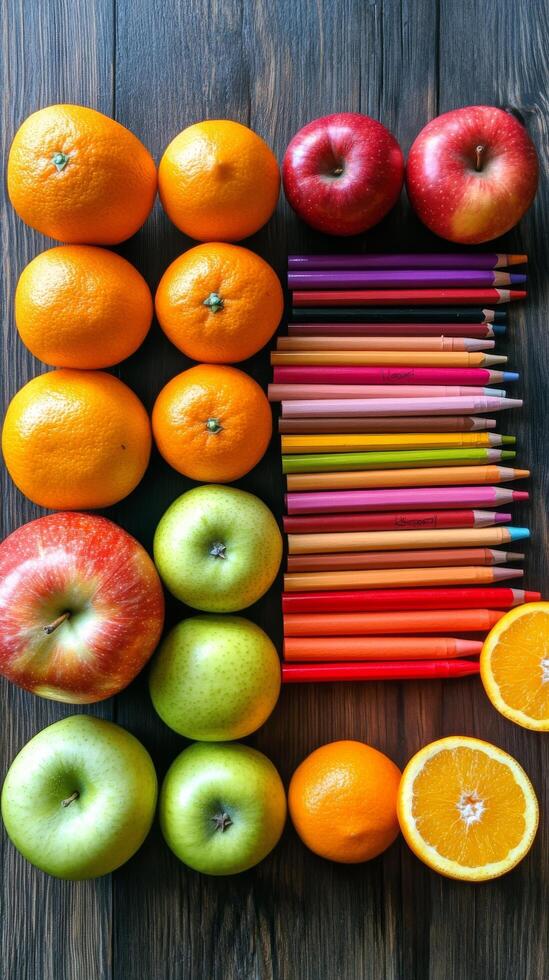 Arrangement of colorful fruits and crayons on a wooden surface for creative expression photo