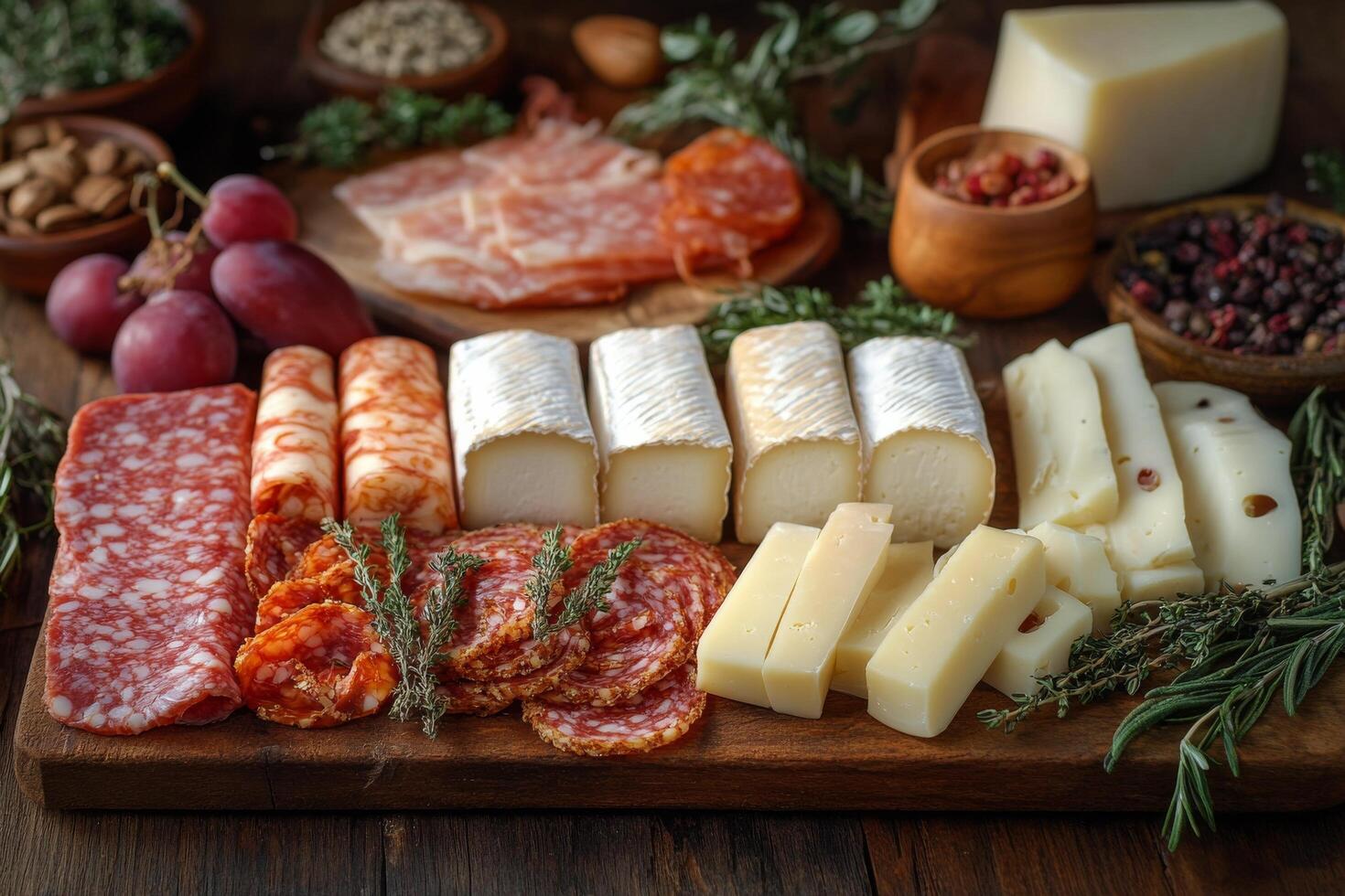 Assorted cheeses displayed on wooden table in a rustic setting photo