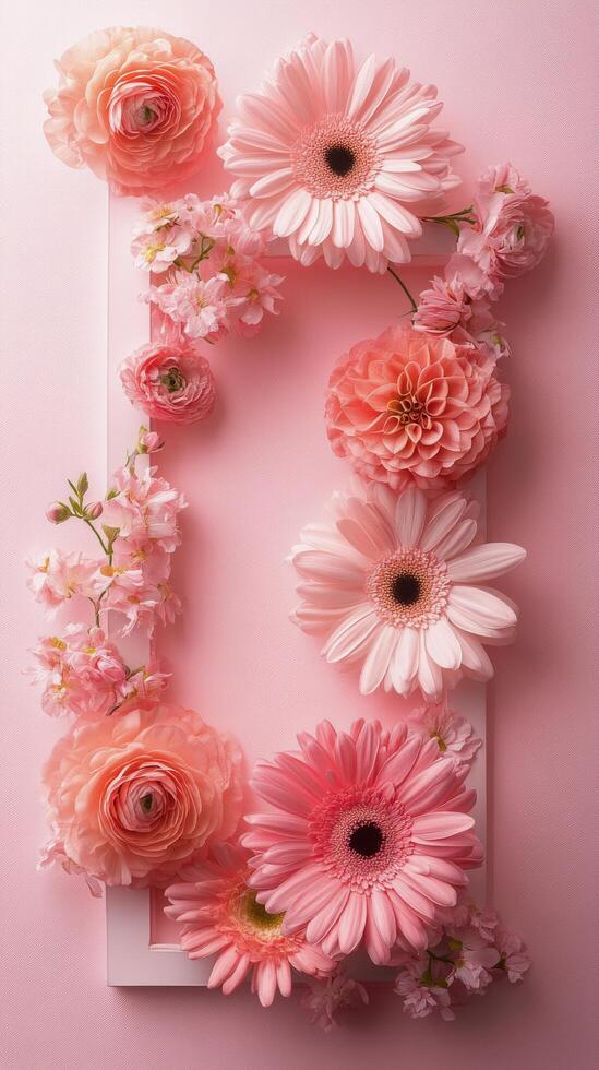 Beautiful arrangement of pink flowers on a soft pink background for a delicate floral display photo