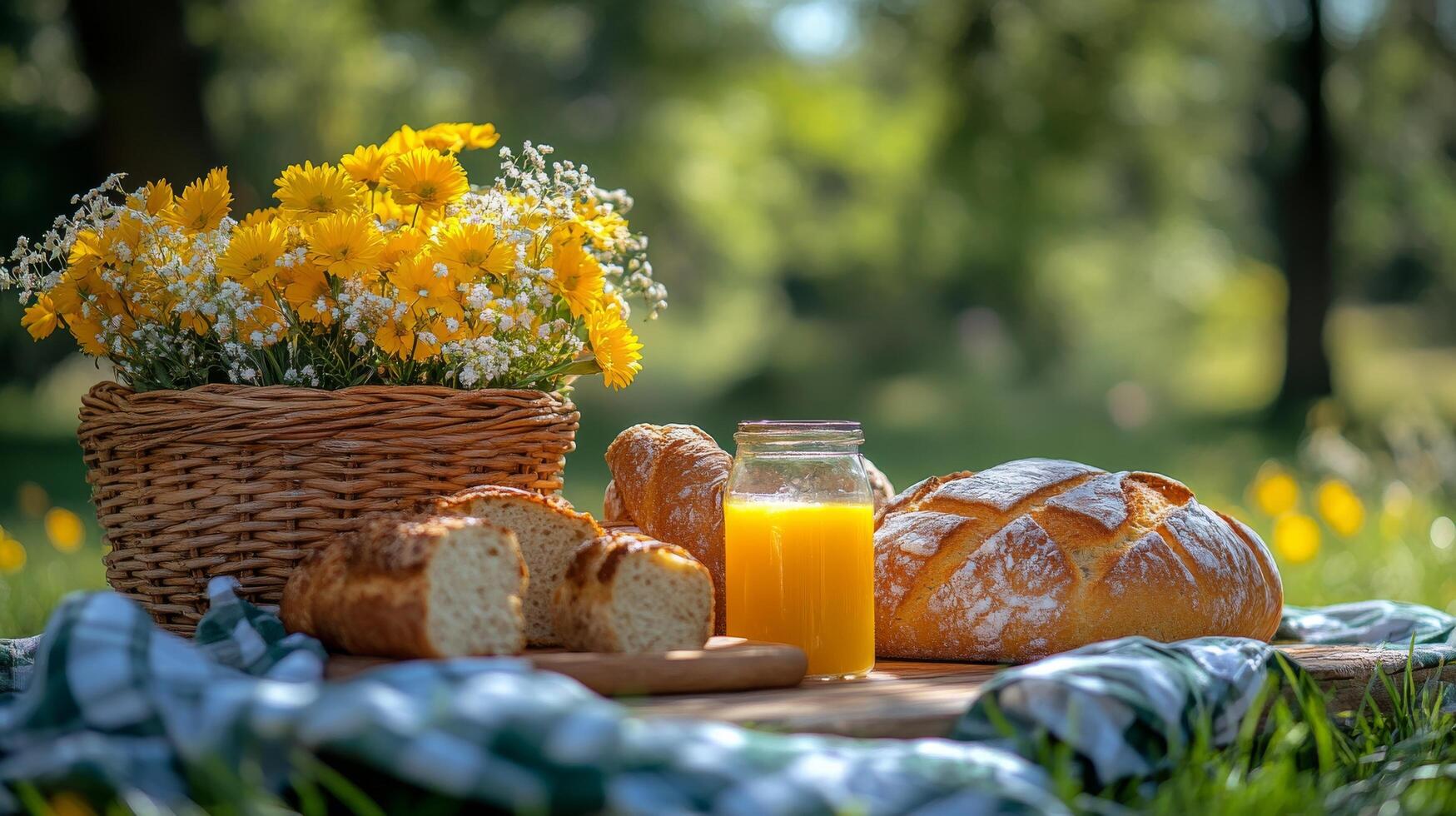 Bakery table setting with fresh bread and floral arrangements in a serene outdoor environment photo