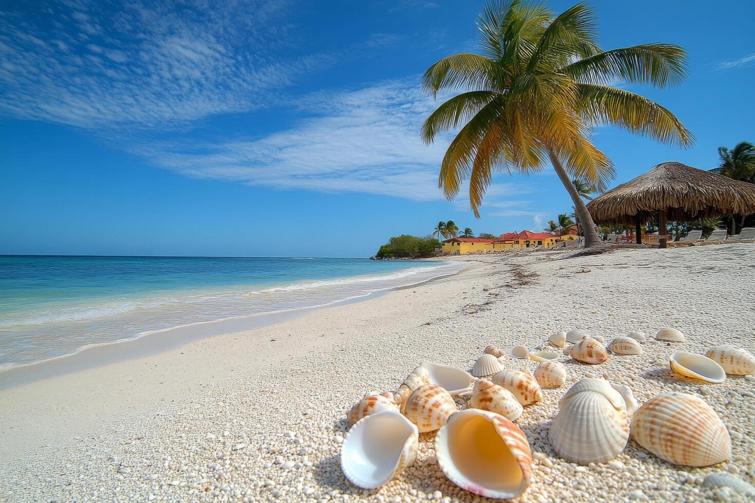 Beautiful beach with white sand and seashells under a clear blue sky in a tropical paradise photo