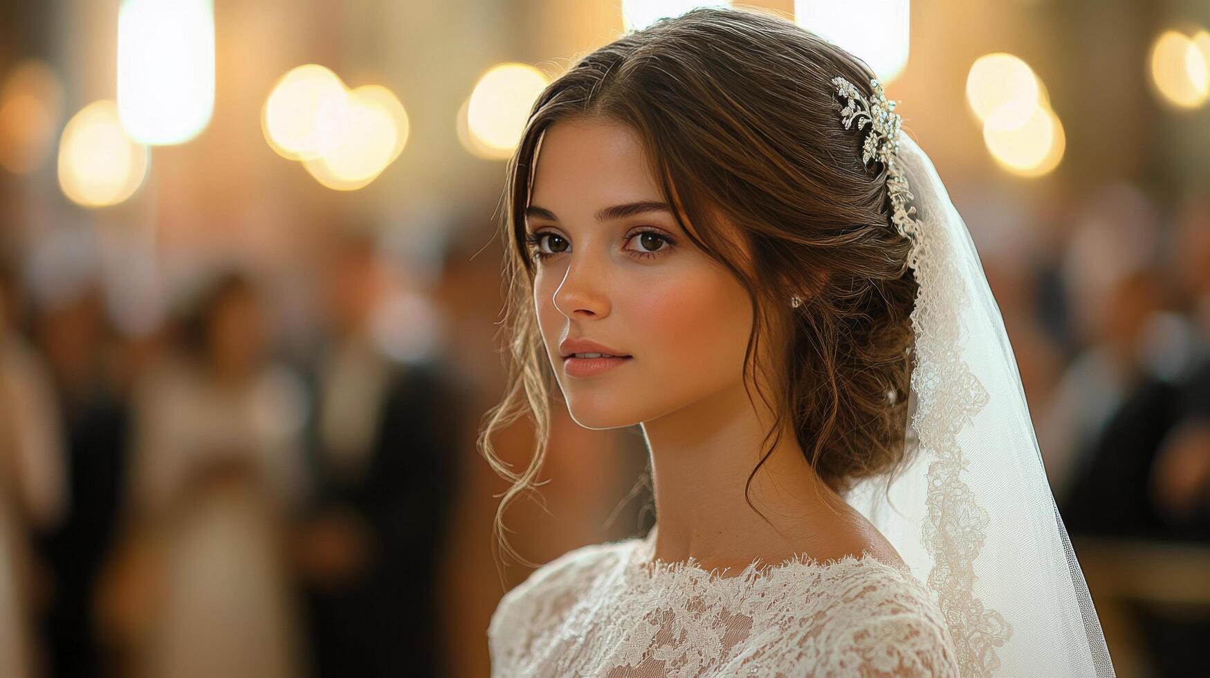 Beautiful bride in elegant wedding dress with veil indoors during ceremony photo