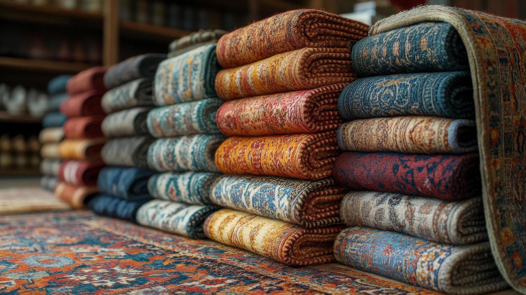 Beautiful collection of colorful rugs displayed in a traditional market setting photo