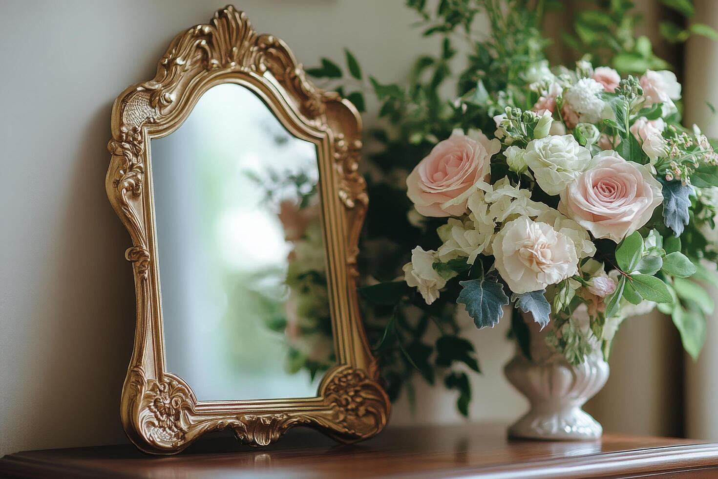 Beautiful bouquet of roses reflected in a circular mirror with soft natural light photo