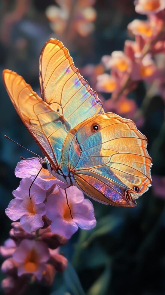 Beautiful butterfly with vibrant colors resting on flowers in a garden setting photo