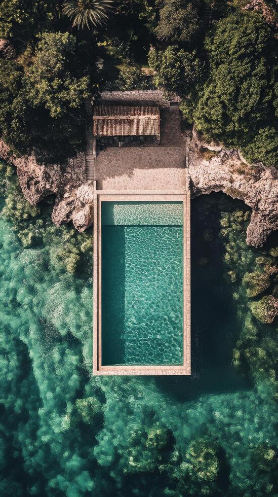 Beautiful cliffside swimming pool overlooking the ocean with clear blue water in a serene location photo