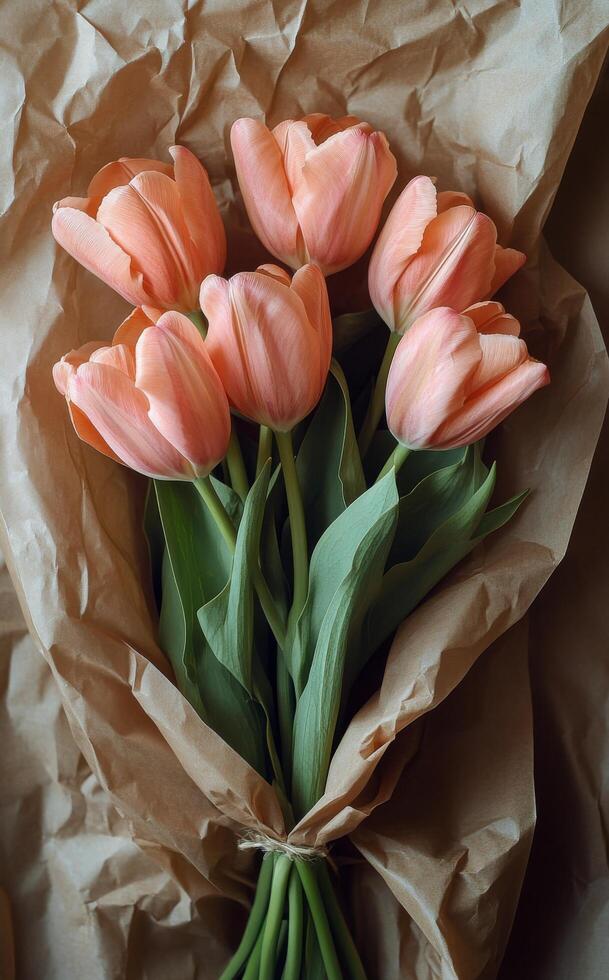 Beautiful bouquet of pink tulips wrapped in kraft paper on rustic wooden table photo